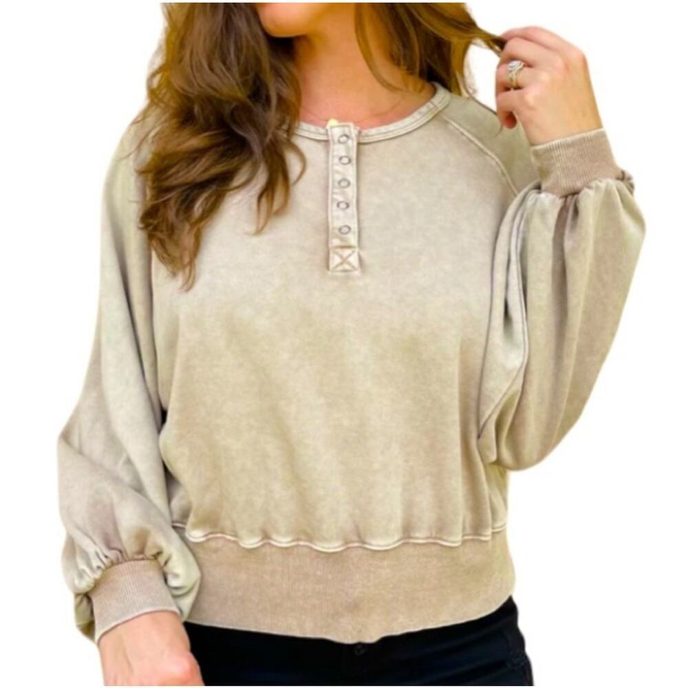 Peach Love Women's Oversized Henley Sweatshirt Size Large Relaxed Fit Pullover
